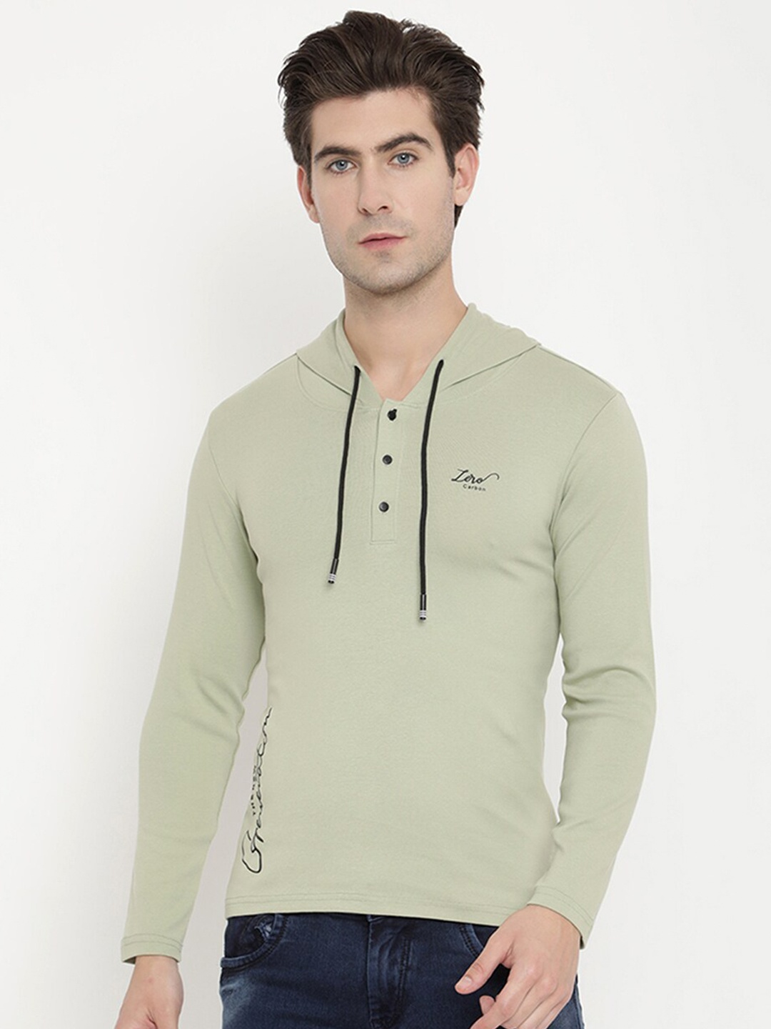 

V2 Value & Variety Men Sage Green & Black Printed Cotton Hooded T-shirt