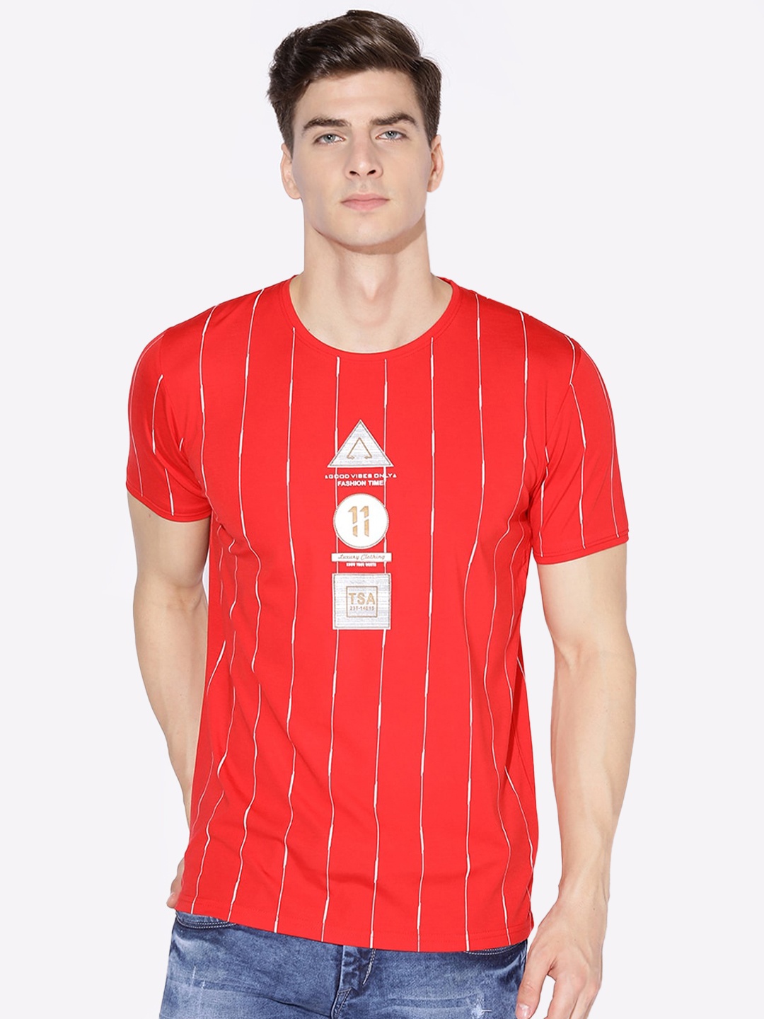 

V2 Value & Variety Men Red & White Striped Round Neck Cotton T-shirt