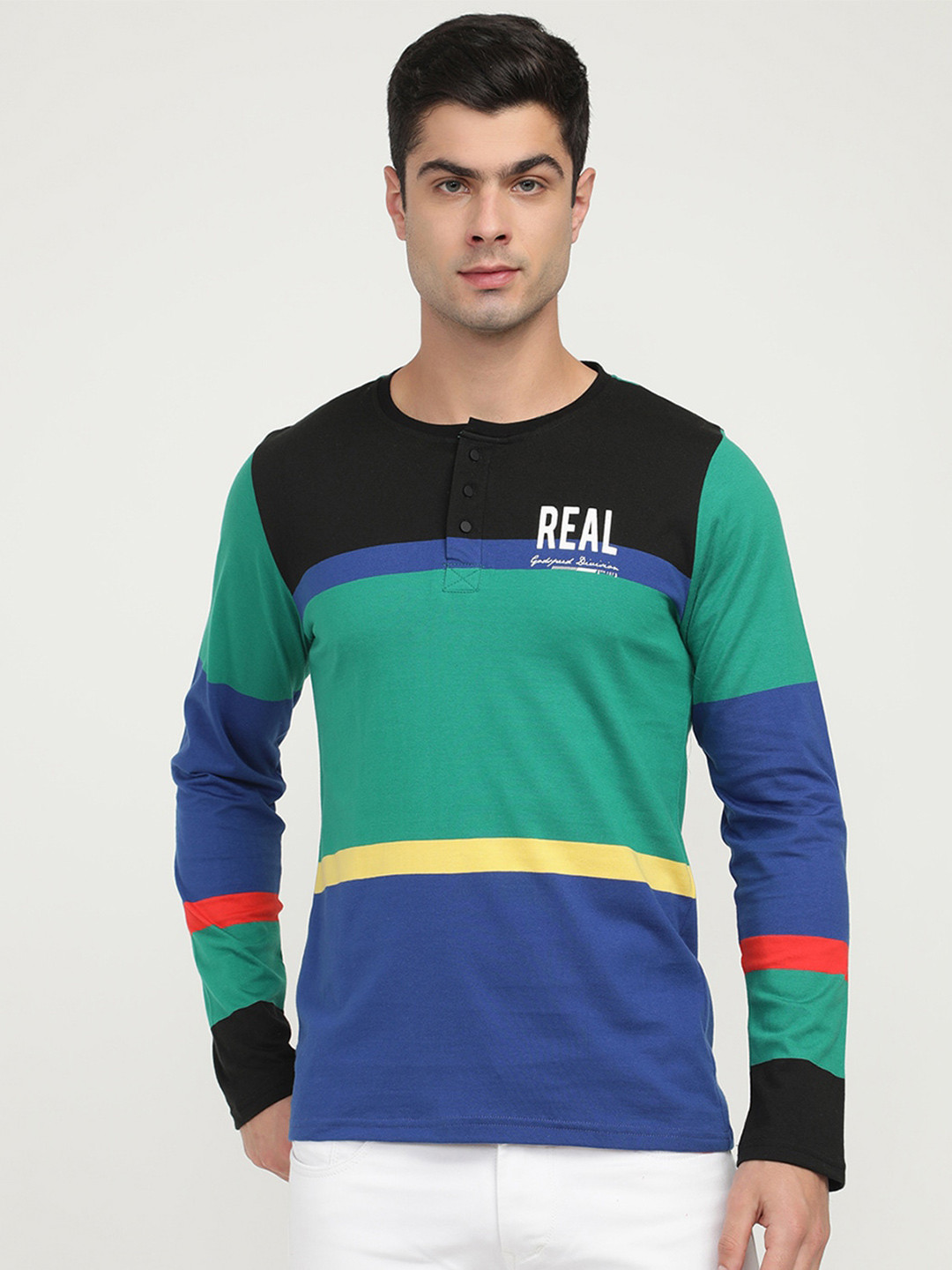

V2 Value & Variety Men Multicoloured Striped Henley Neck T-shirt, Multi