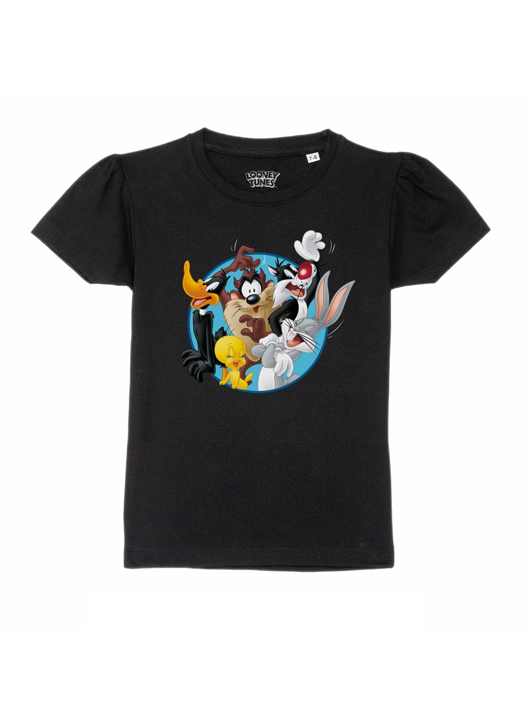 

Looney Tunes by Wear Your Mind Girls Black & Blue Looney Tunes Printed Puff Sleeves T-shirt