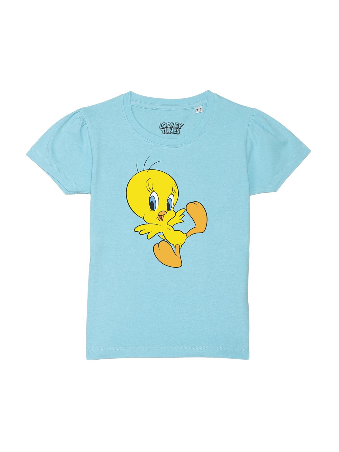 

Looney Tunes by Wear Your Mind Girls Blue Tweety Printed Puff Sleeves Pure Cotton T-shirt