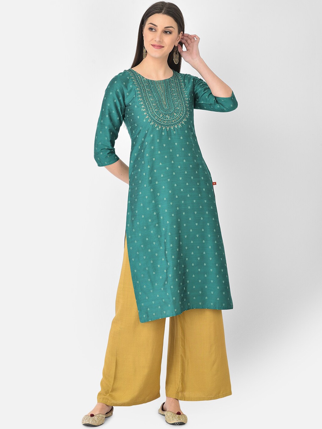 

Span Women Green Ethnic Motif Embroidered Kurta