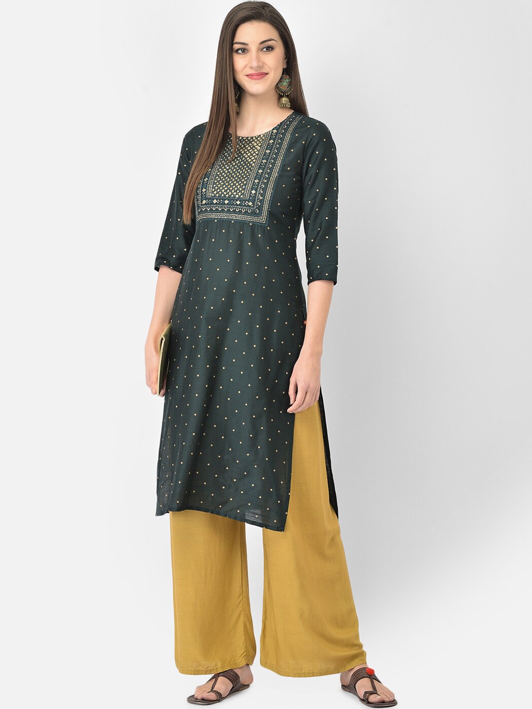 

Span Women Green Ethnic Motifs Embroidered Straight Kurta