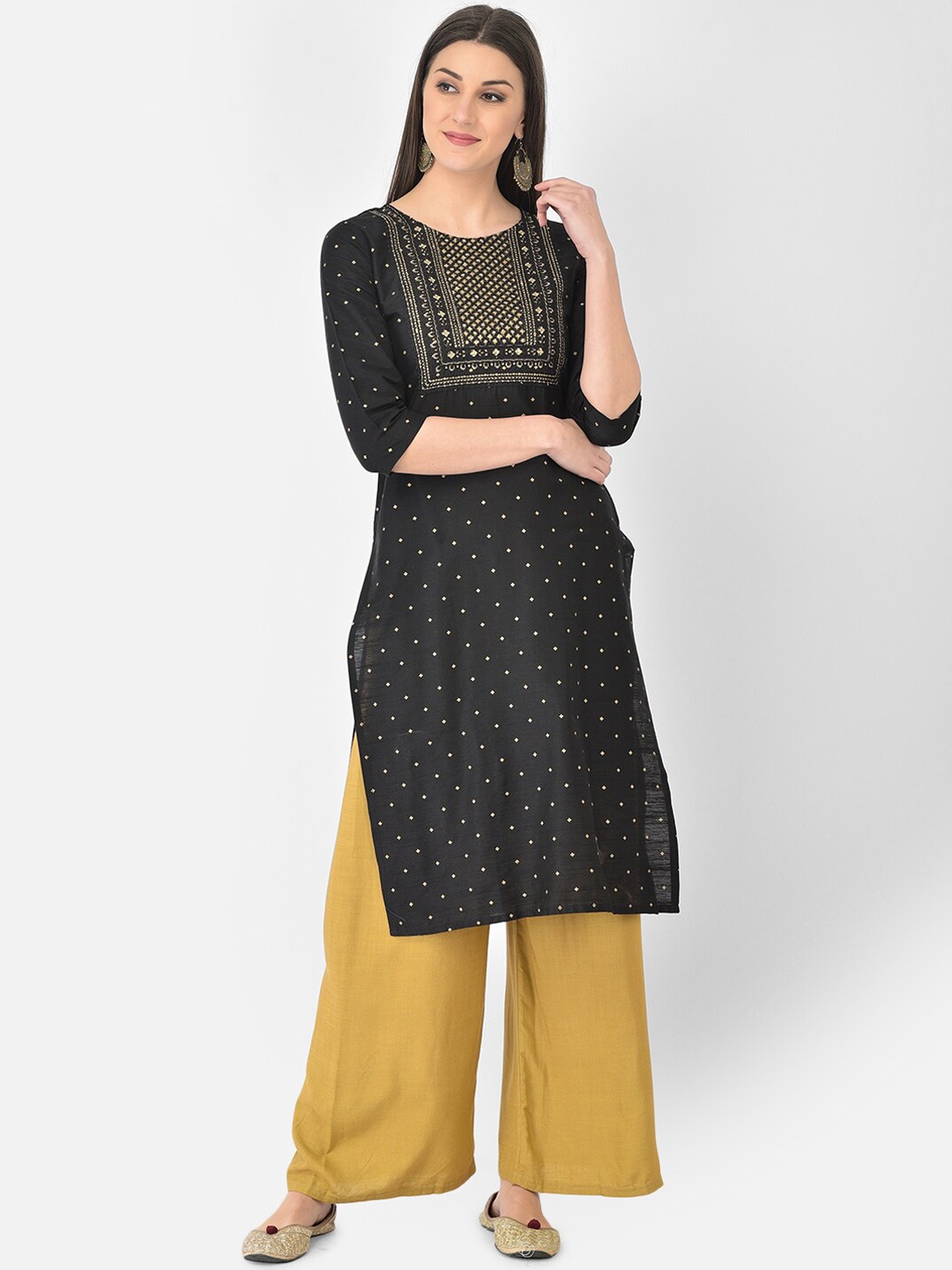 

Span Women Black Ethnic Motifs Embroidered Straight Kurta