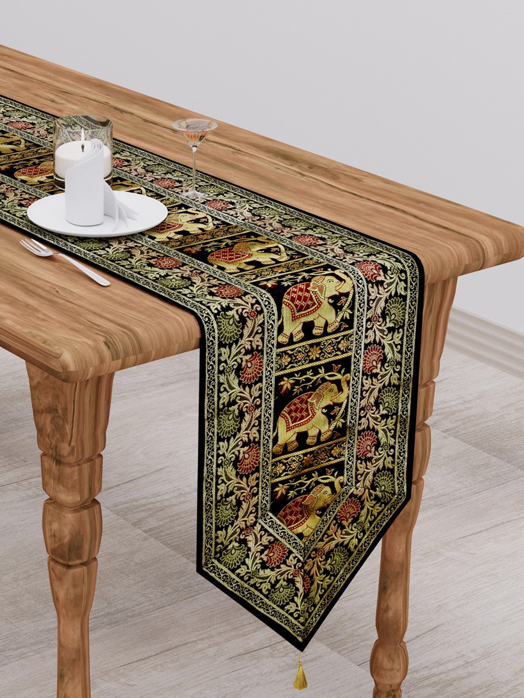 

Gulaab Jaipur Black & Beige Ethnic Motifs Printed Banarasi Zari Table Runner