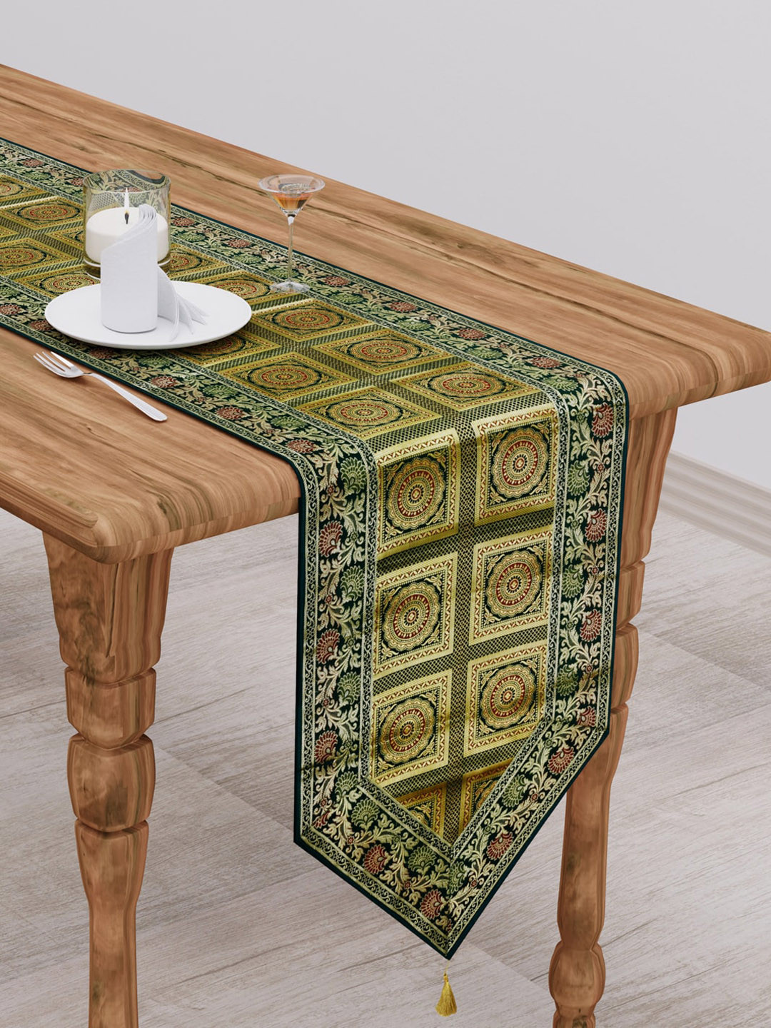 

Gulaab Jaipur Green & Beige Ethnic Motifs Printed Banarasi Zari Table Runner