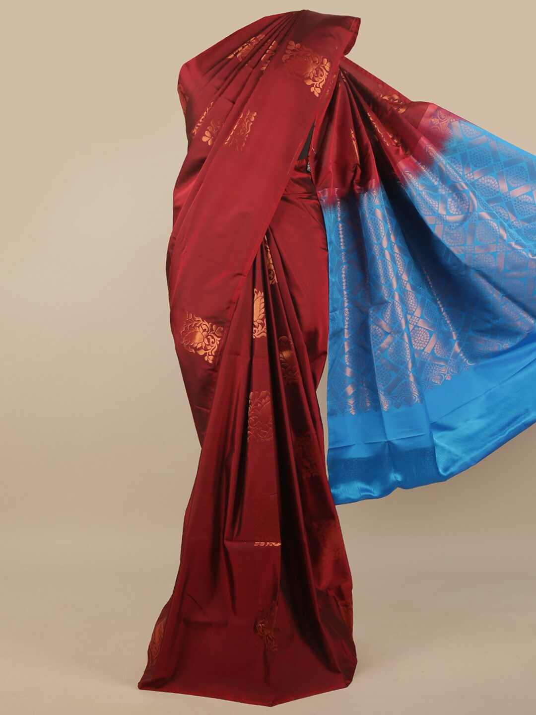 

Pothys Maroon & Blue Ethnic Motifs Art Silk Saree