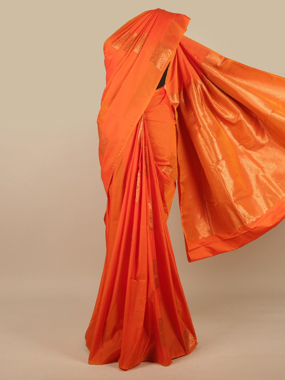 

Pothys Orange & Gold-Toned Ethnic Motifs Zari Art Silk Saree