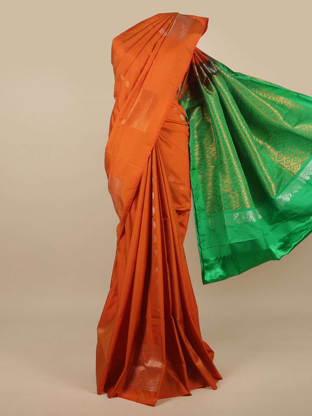 

Pothys Orange & Green Ethnic Motifs Art Silk Saree