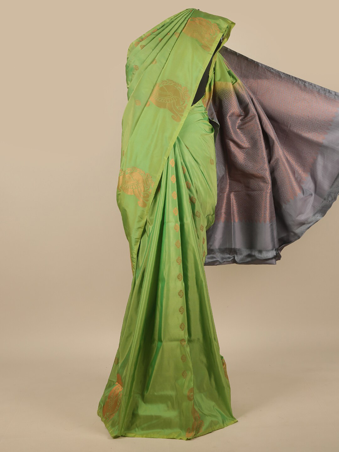 

Pothys Fluorescent Green & Gold-Toned Ethnic Motifs Zari Art Silk Saree