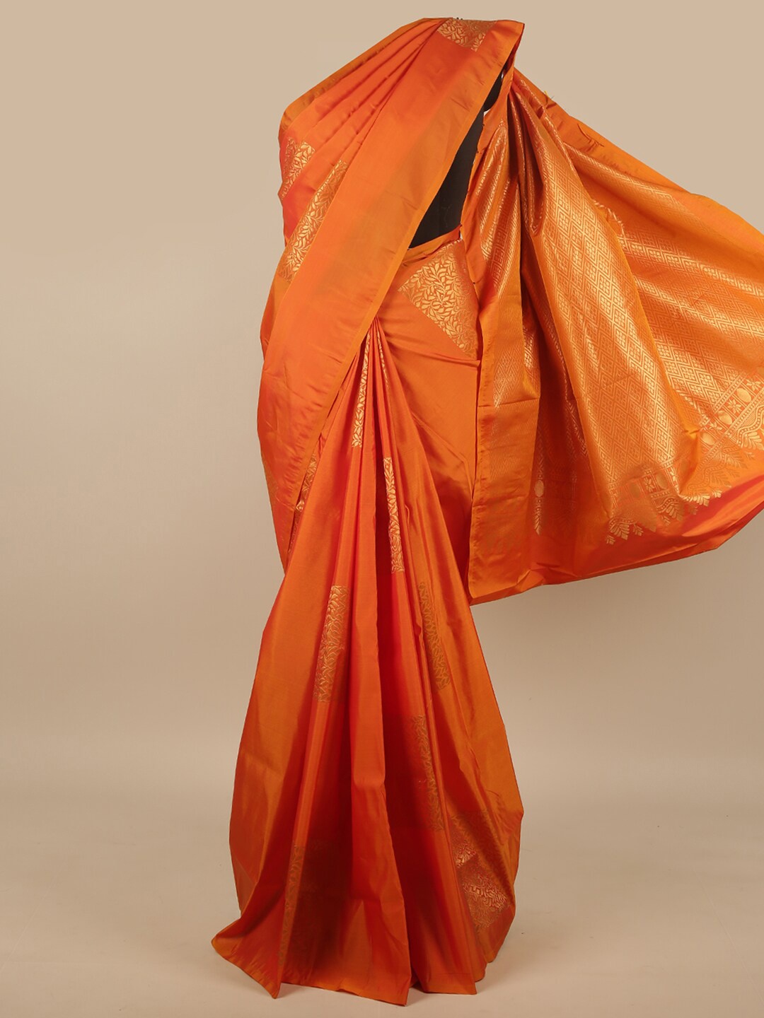 

Pothys Orange & Gold-Toned Ethnic Motifs Zari Art Silk Saree
