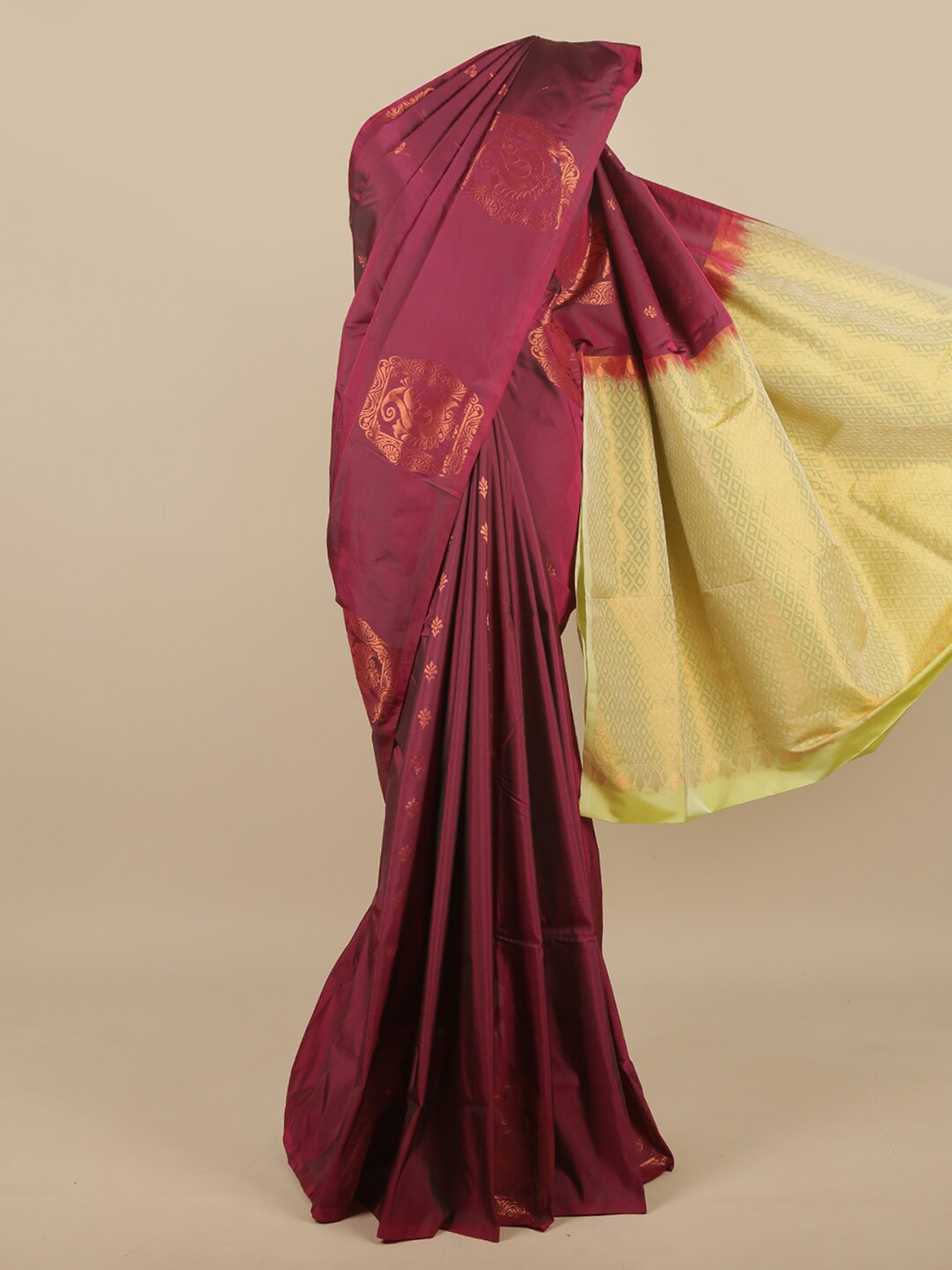 

Pothys Purple & Beige Ethnic Motifs Zari Art Silk Saree