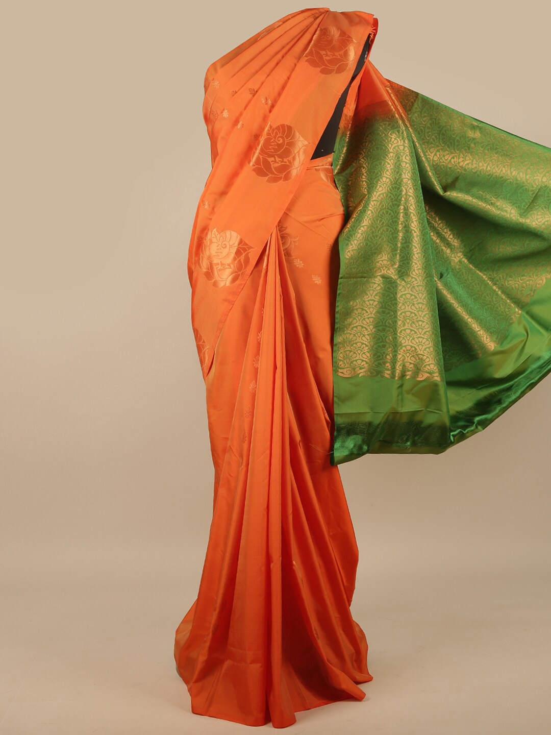 

Pothys Orange & Green Floral Zari Art Silk Saree
