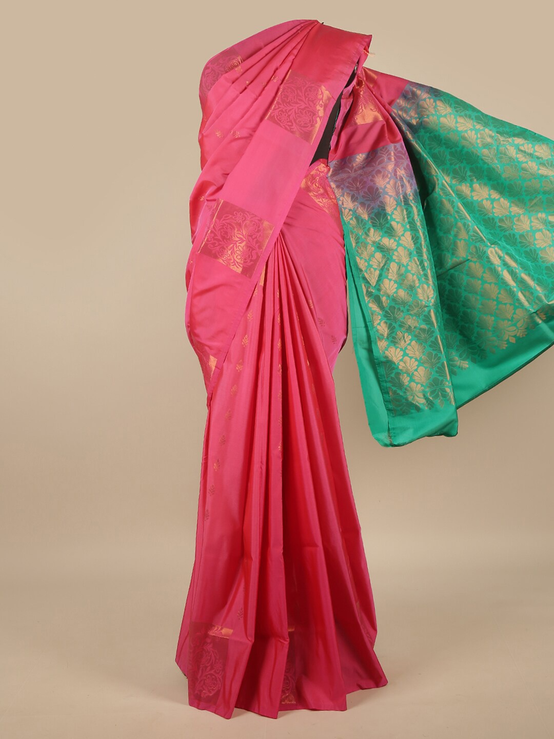 

Pothys Pink & Green Ethnic Motifs Zari Art Silk Saree
