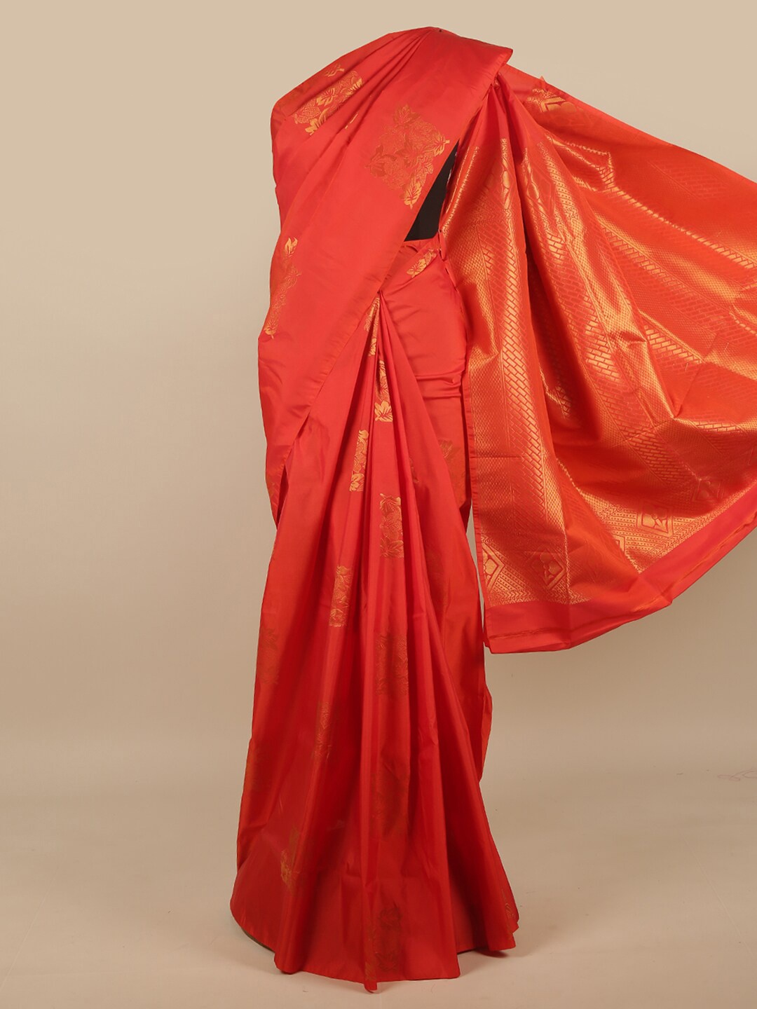 

Pothys Red & Gold-Toned Floral Zari Art Silk Saree
