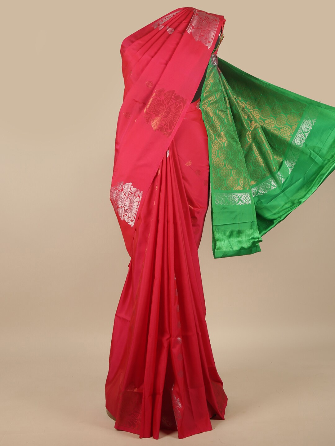 

Pothys Pink & Green Ethnic Motifs Zari Art Silk Saree