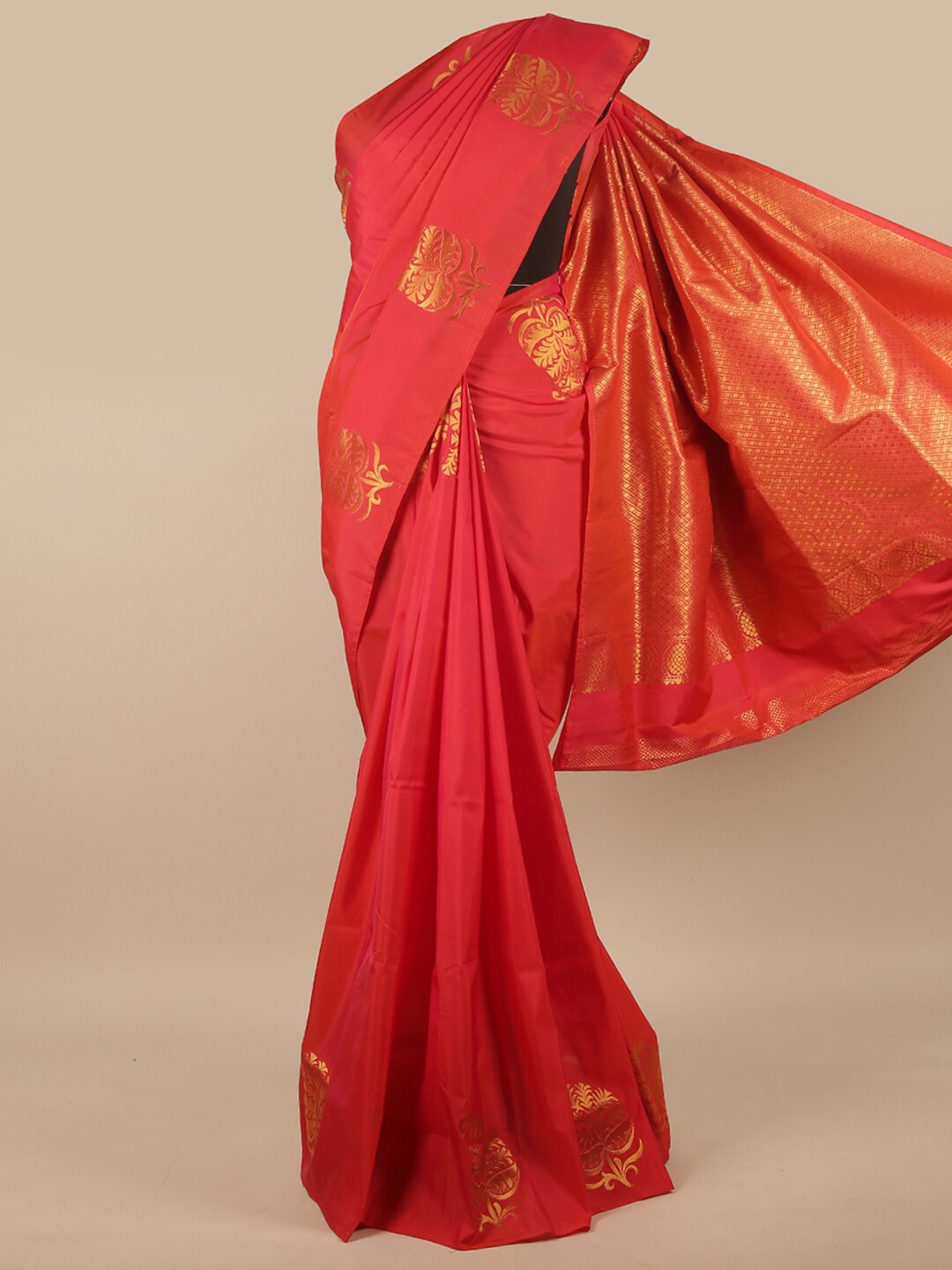 

Pothys Red & Gold-Toned Floral Art Silk Saree