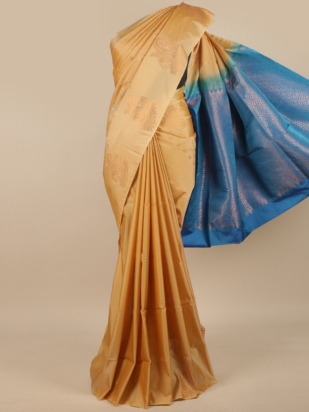 

Pothys Gold-Toned & Blue Paisley Zari Art Silk Saree