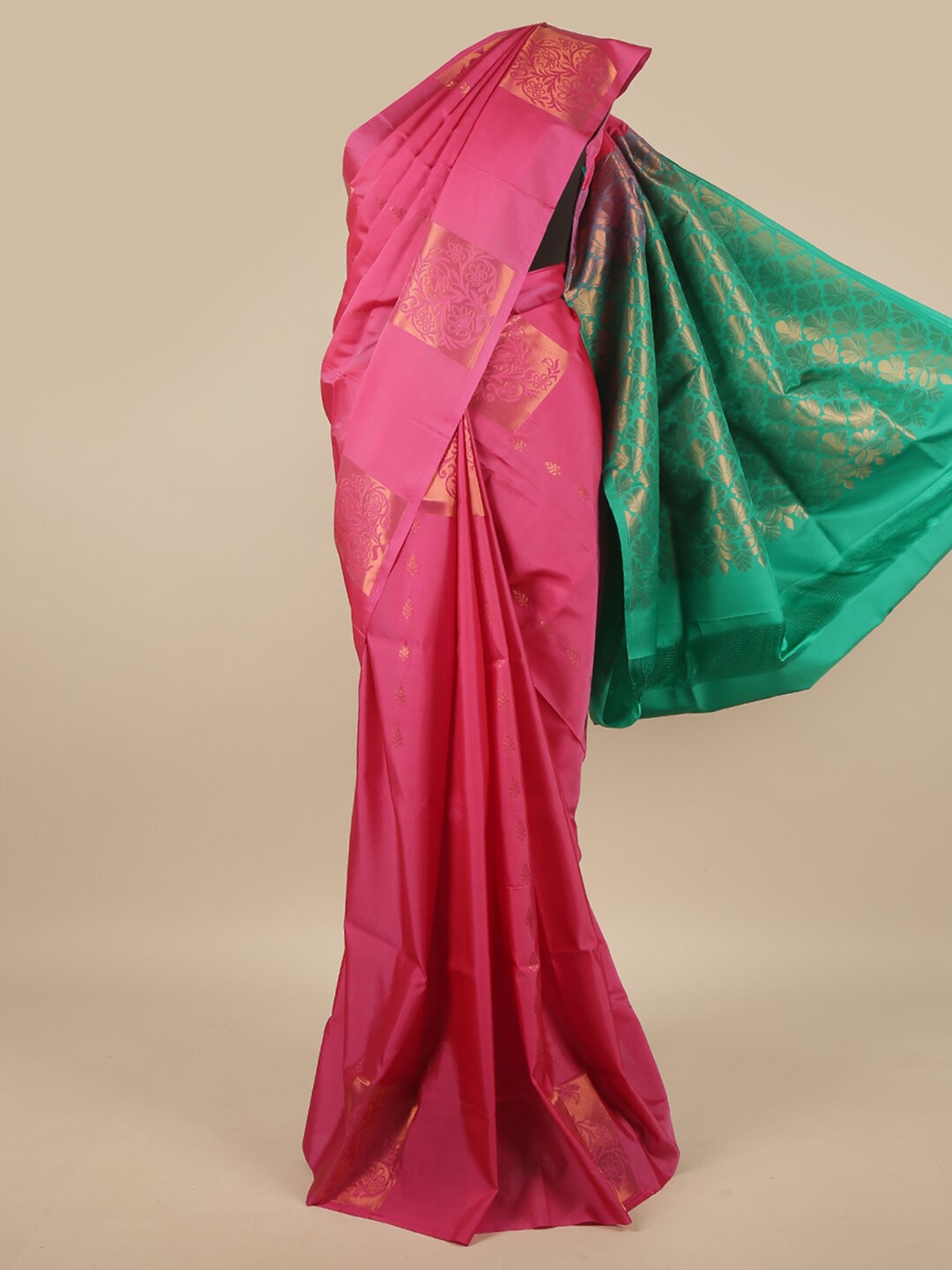 

Pothys Pink & Green Ethnic Motifs Zari Art Silk Saree