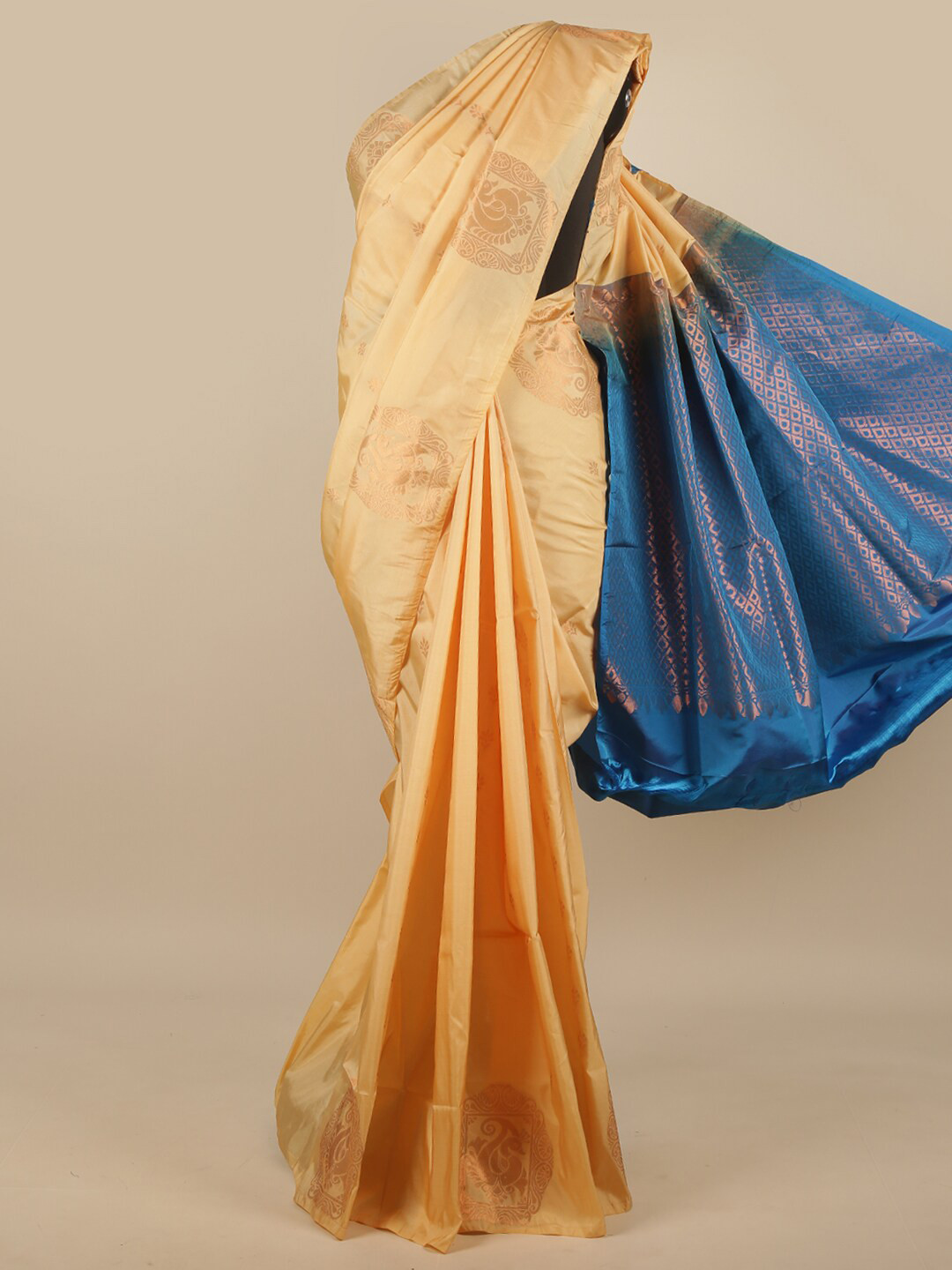 

Pothys Gold-Toned & Blue Ethnic Motifs Zari Art Silk Saree