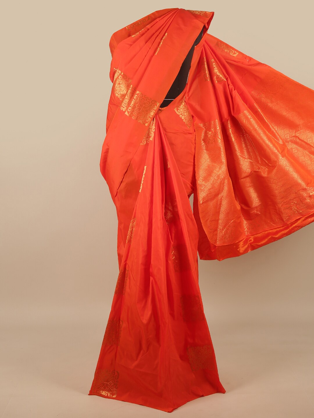 

Pothys Orange & Gold-Toned Ethnic Motifs Art Silk Saree