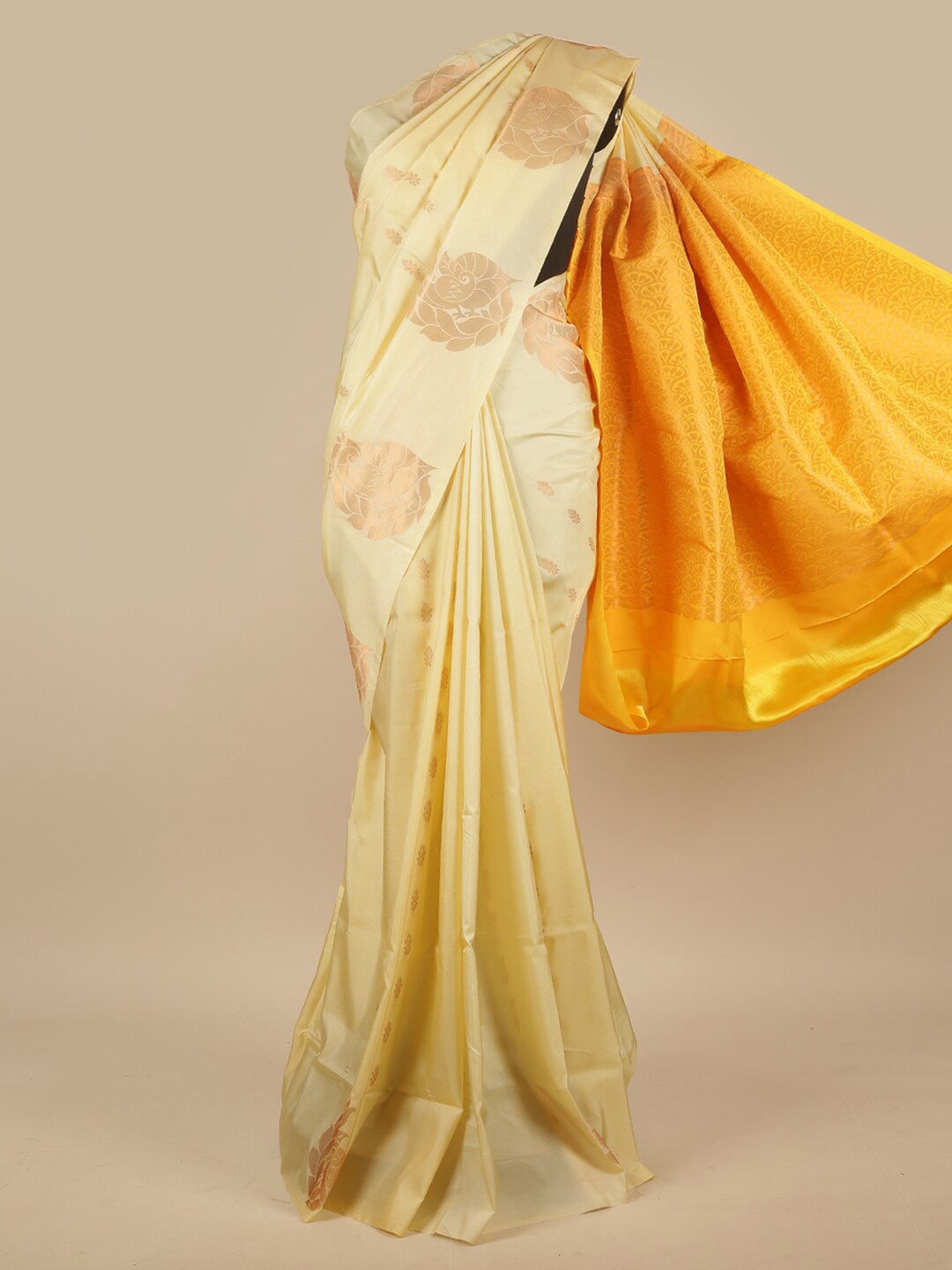 

Pothys Cream-Coloured & Gold-Toned Floral Zari Art Silk Saree