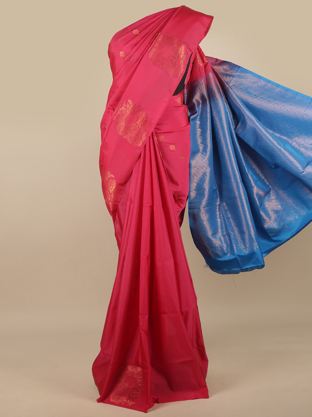 

Pothys Pink & Blue Copper-Toned Floral Woven Design Art Silk Saree