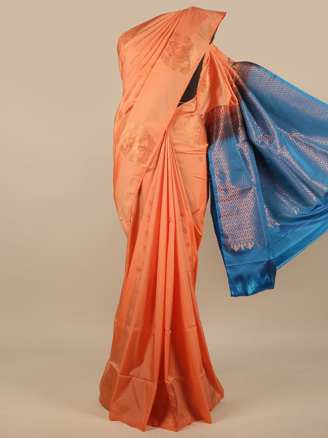 

Pothys Peach-Coloured & Blue Ethnic Motifs Zari Art Silk Saree