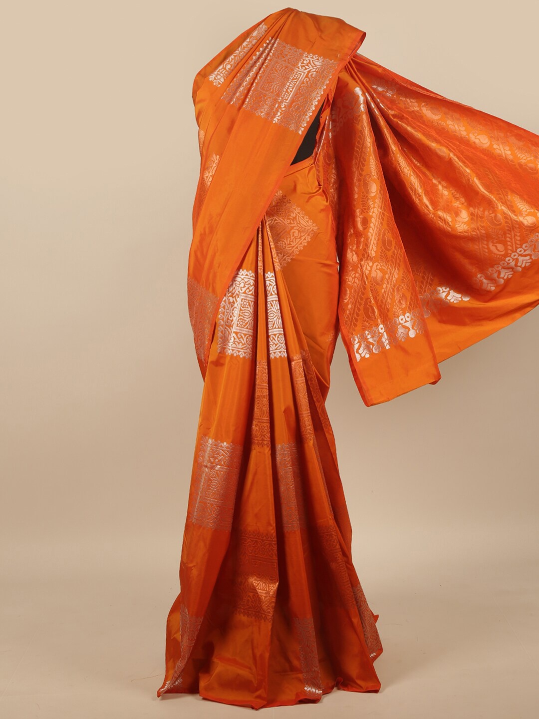 

Pothys Orange & Silver-Toned Ethnic Motifs Zari Art Silk Saree