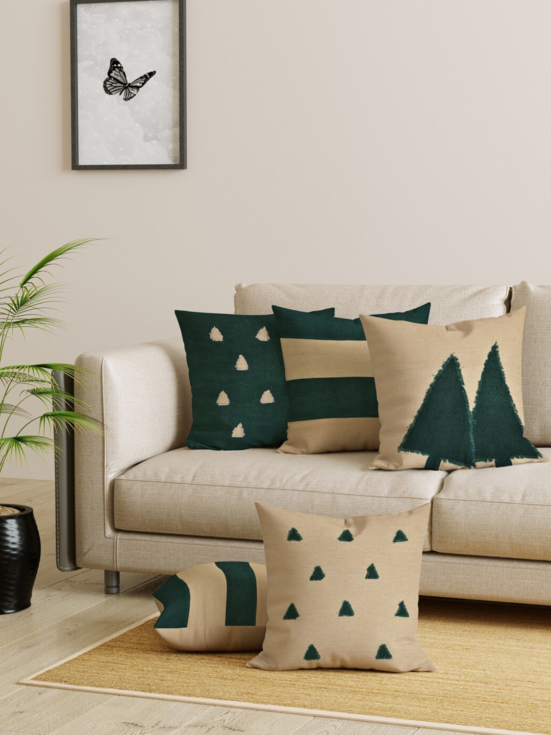 

EverHOME Green & Beige Set of 5 Geometric Cotton Square Cushion Covers