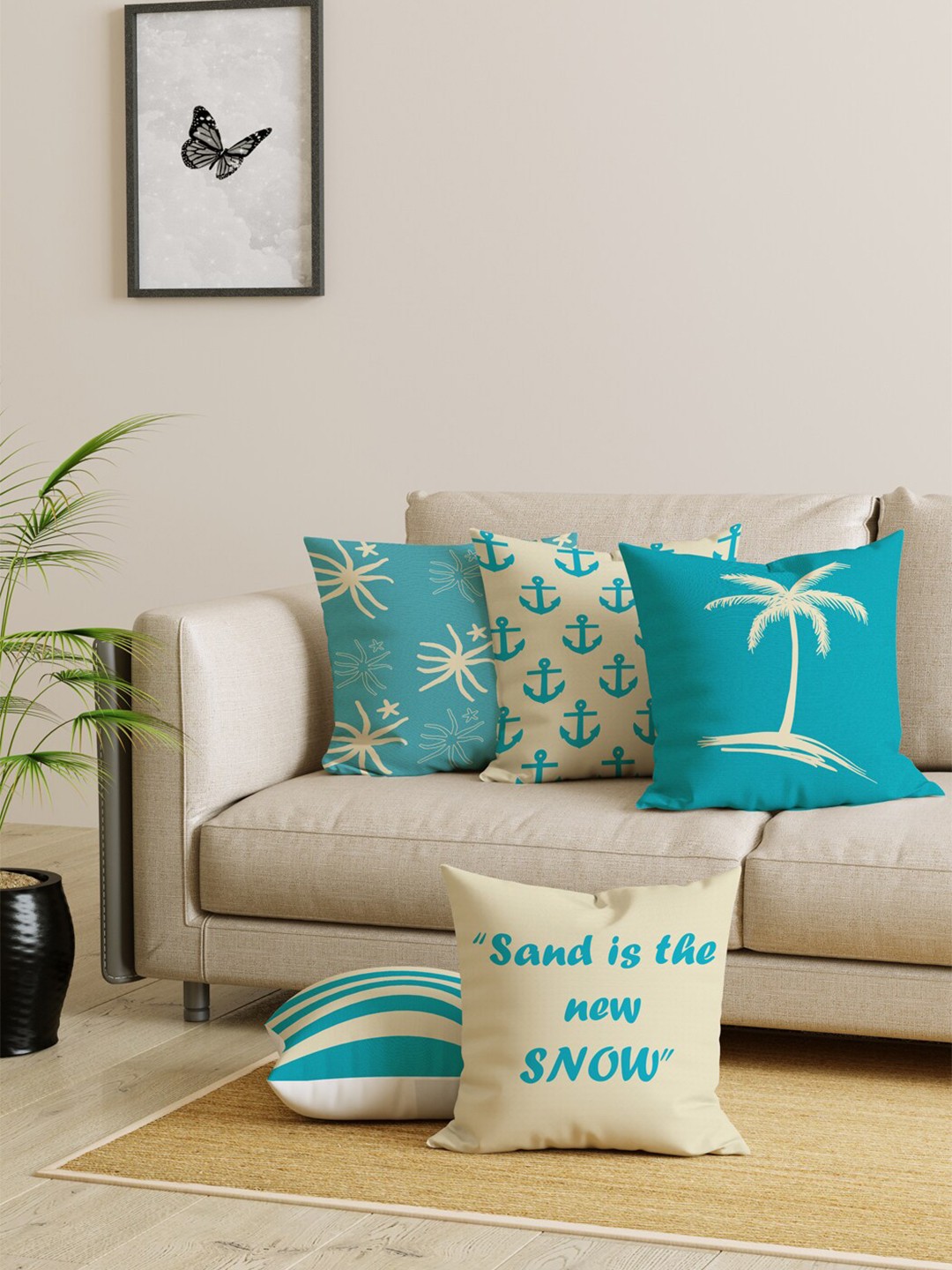 

EverHOME Beige & Blue Set of 5 Abstract Square Cushion Covers