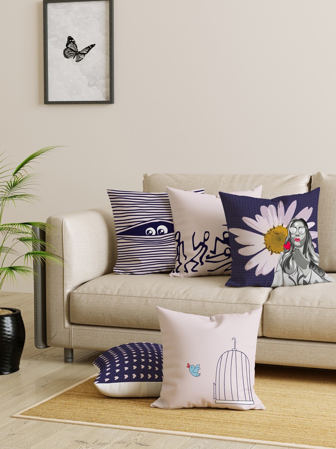 

EverHOME Set of 5 Navy Blue & Off White Floral Square Cushion Covers