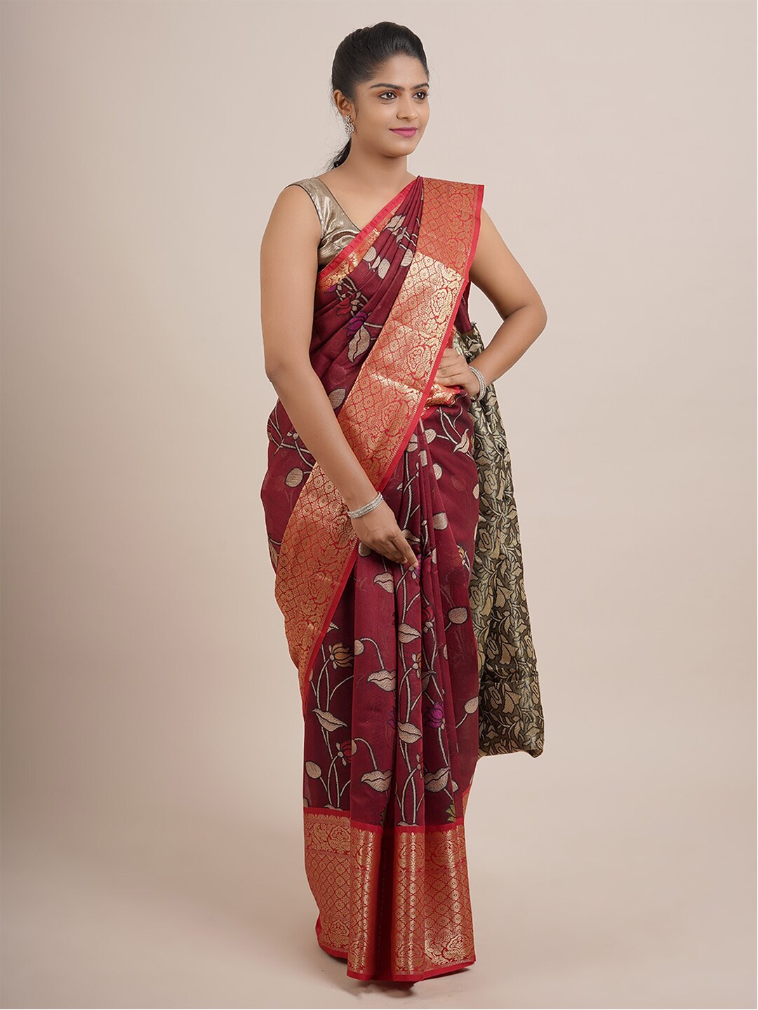 

Pothys Maroon & Beige Floral Organza Saree