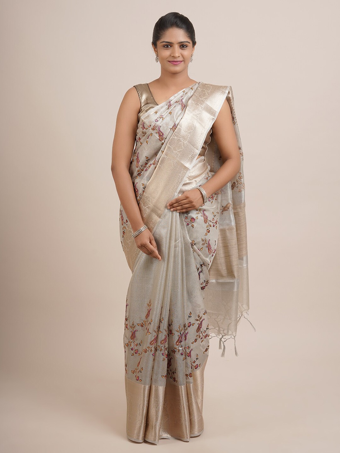 

Pothys Silver-Toned & Pink Floral Zari Organza Saree