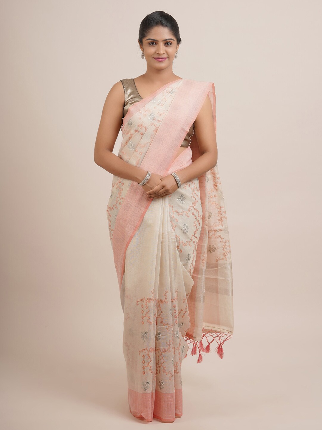 

Pothys Cream-Coloured & Peach-Coloured Floral Organza Saree