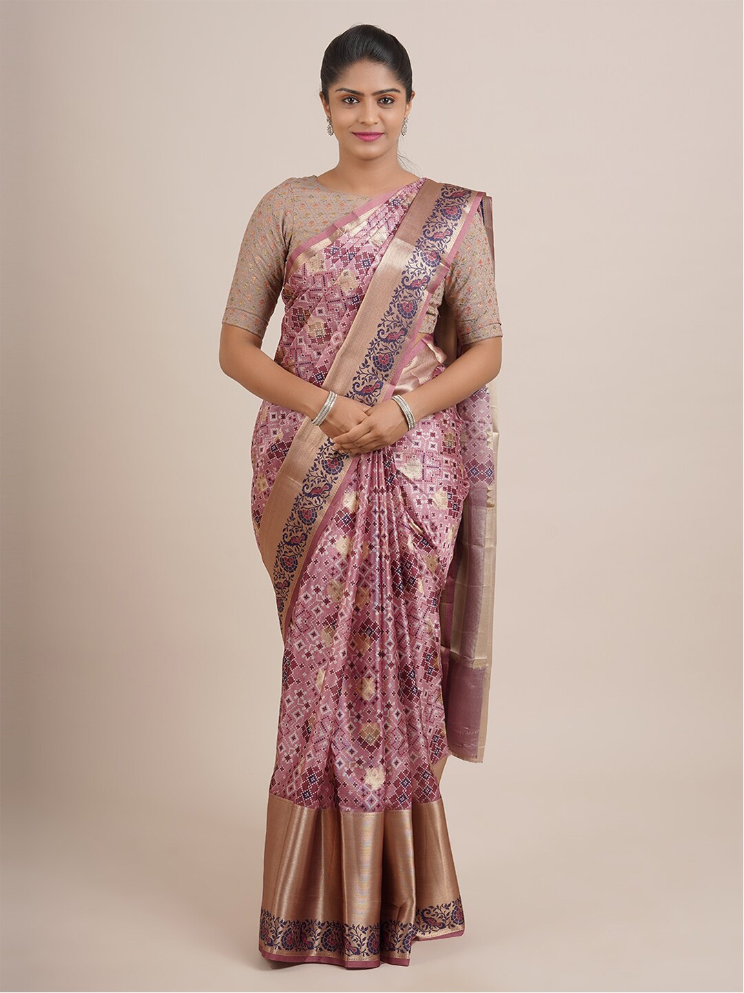 

Pothys Pink & Gold-Toned Zari Organza Saree