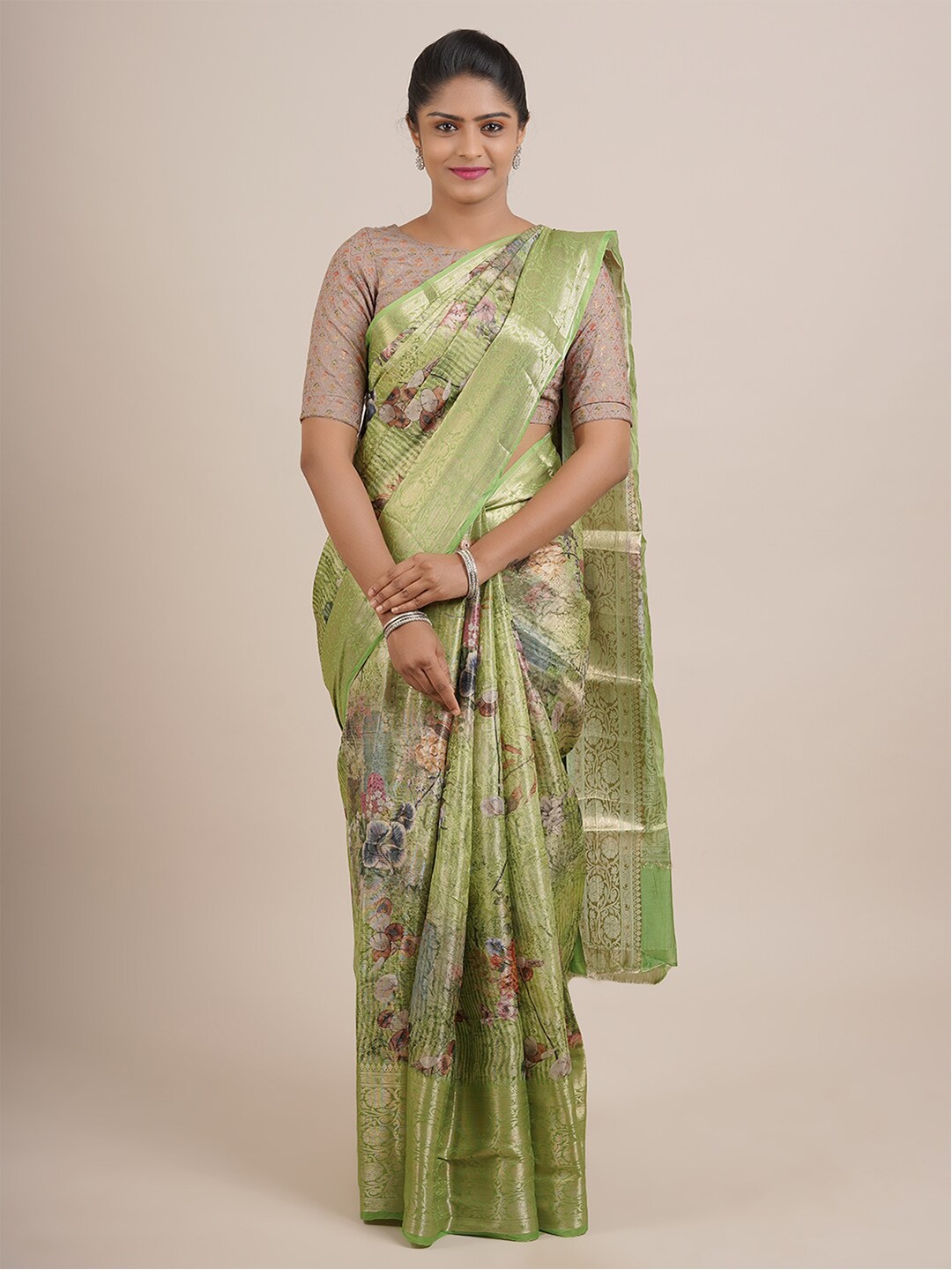 

Pothys Green & Blue Floral Organza Saree