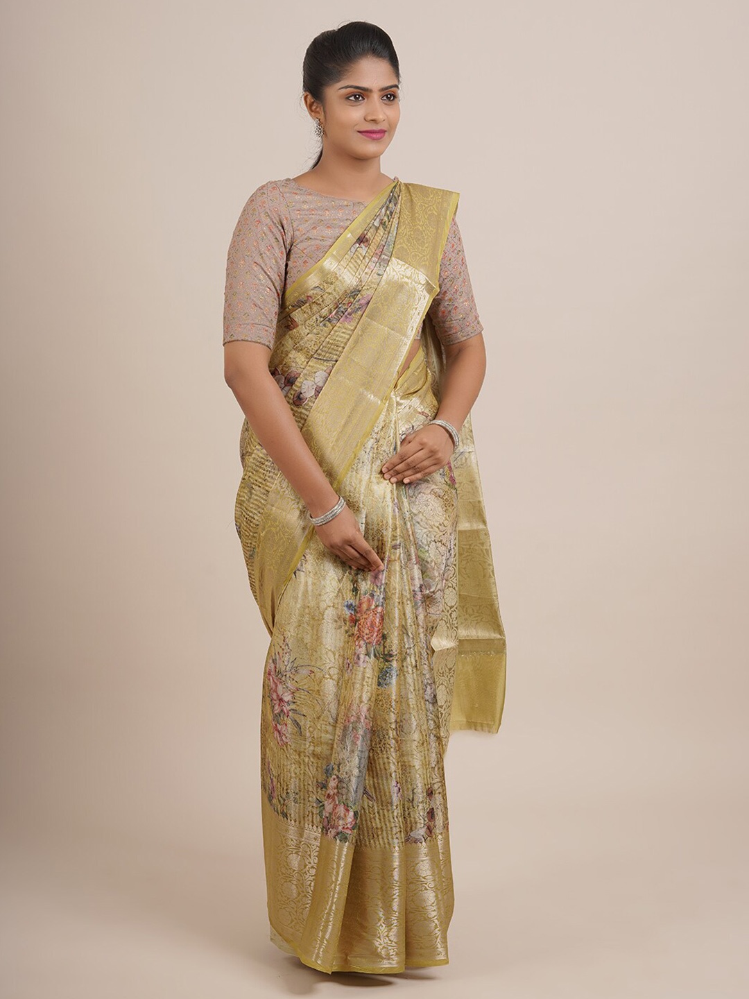 

Pothys Green & Pink Floral Zari Organza Saree