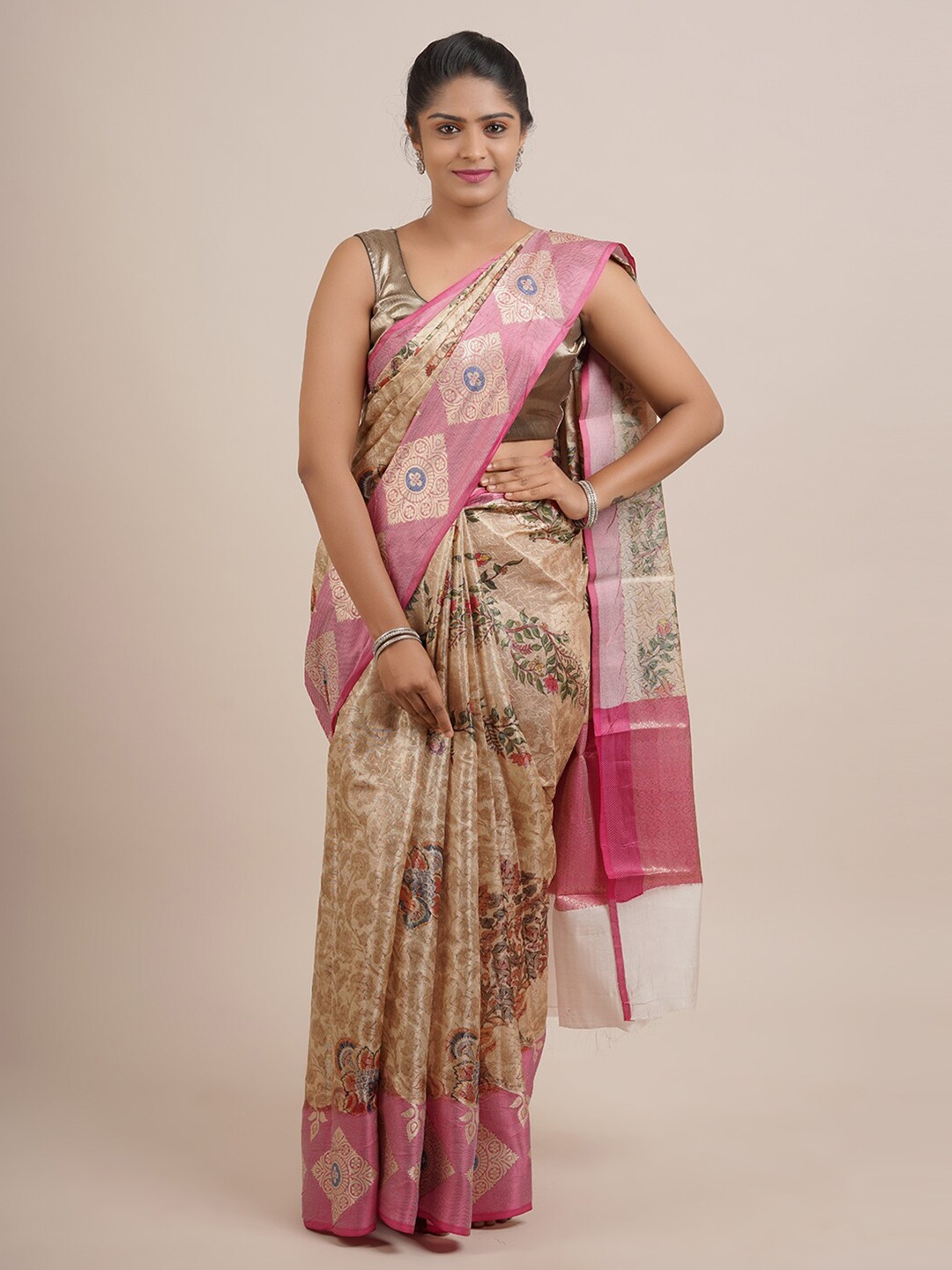 

Pothys Gold-Toned & Pink Floral Zari Organza Saree