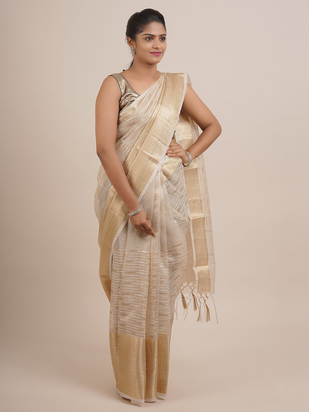 

Pothys Cream-Coloured & Gold-Toned Woven Design Zari Organza Saree