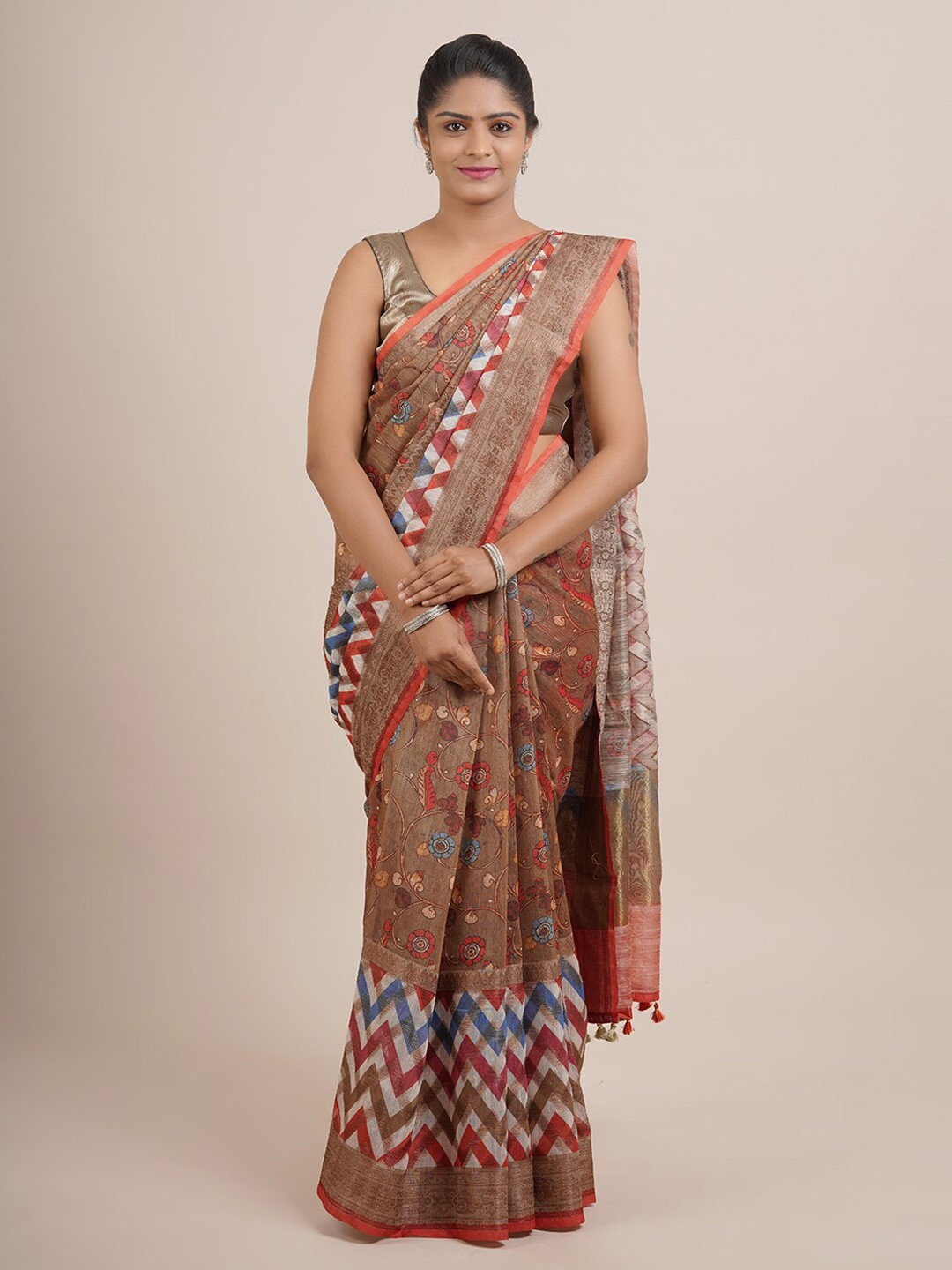 

Pothys Brown & Red Floral Zari Organza Saree