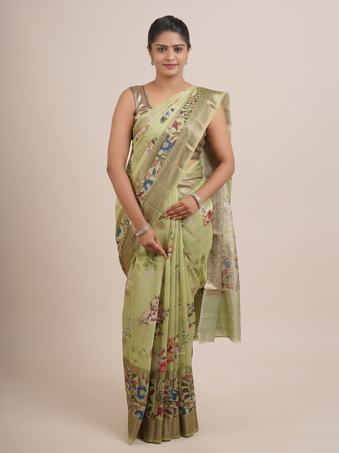 

Pothys Women Green Printed Organza Silk Saree
