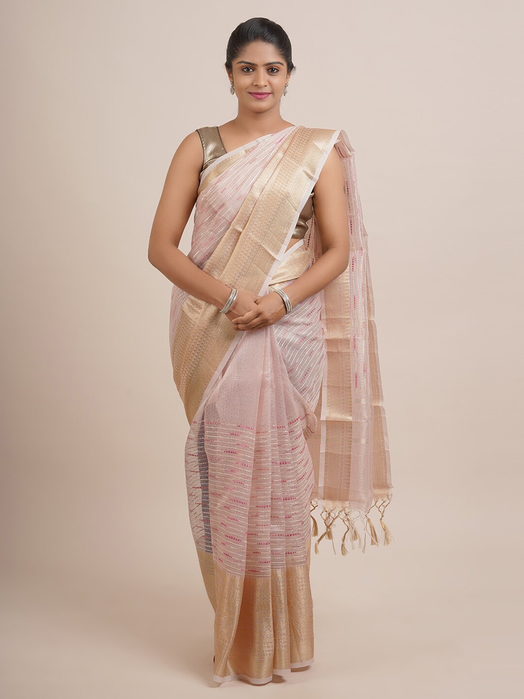 

Pothys Pink & Gold-Toned Ethnic Motifs Zari Organza Saree