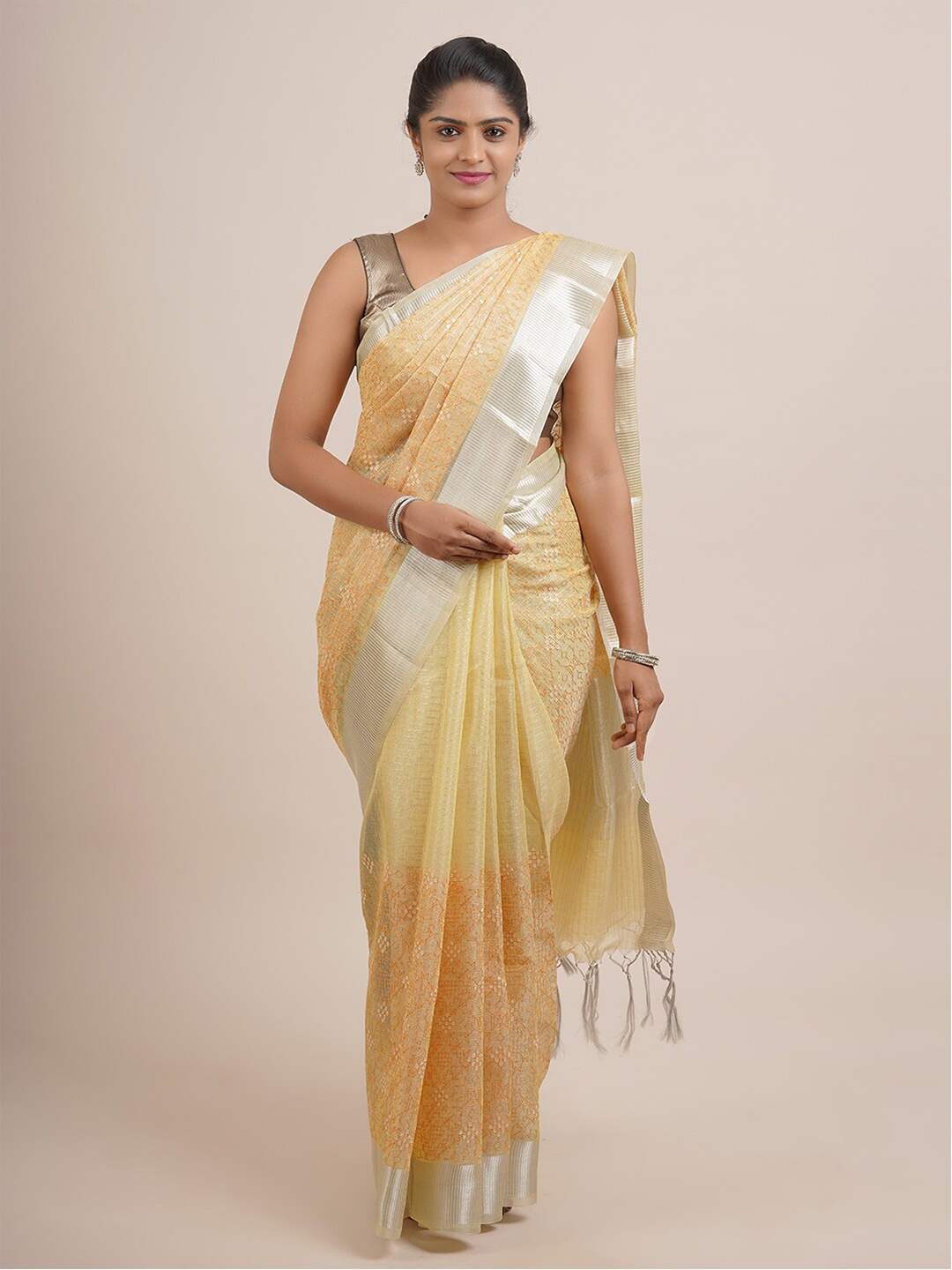 

Pothys Yellow & Silver-Toned Floral Zari Organza Saree