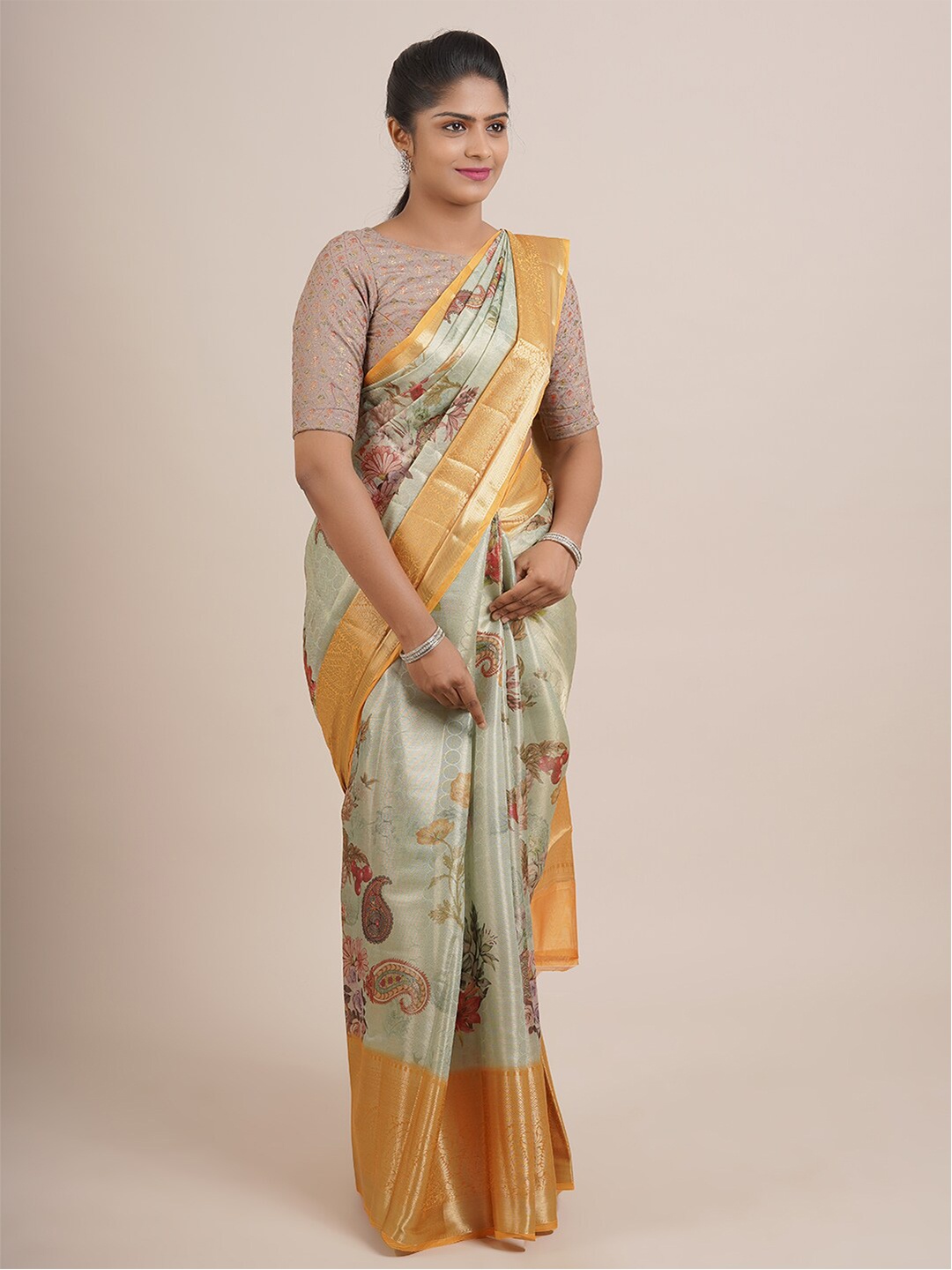 

Pothys Blue & Red Floral Printed Organza Saree