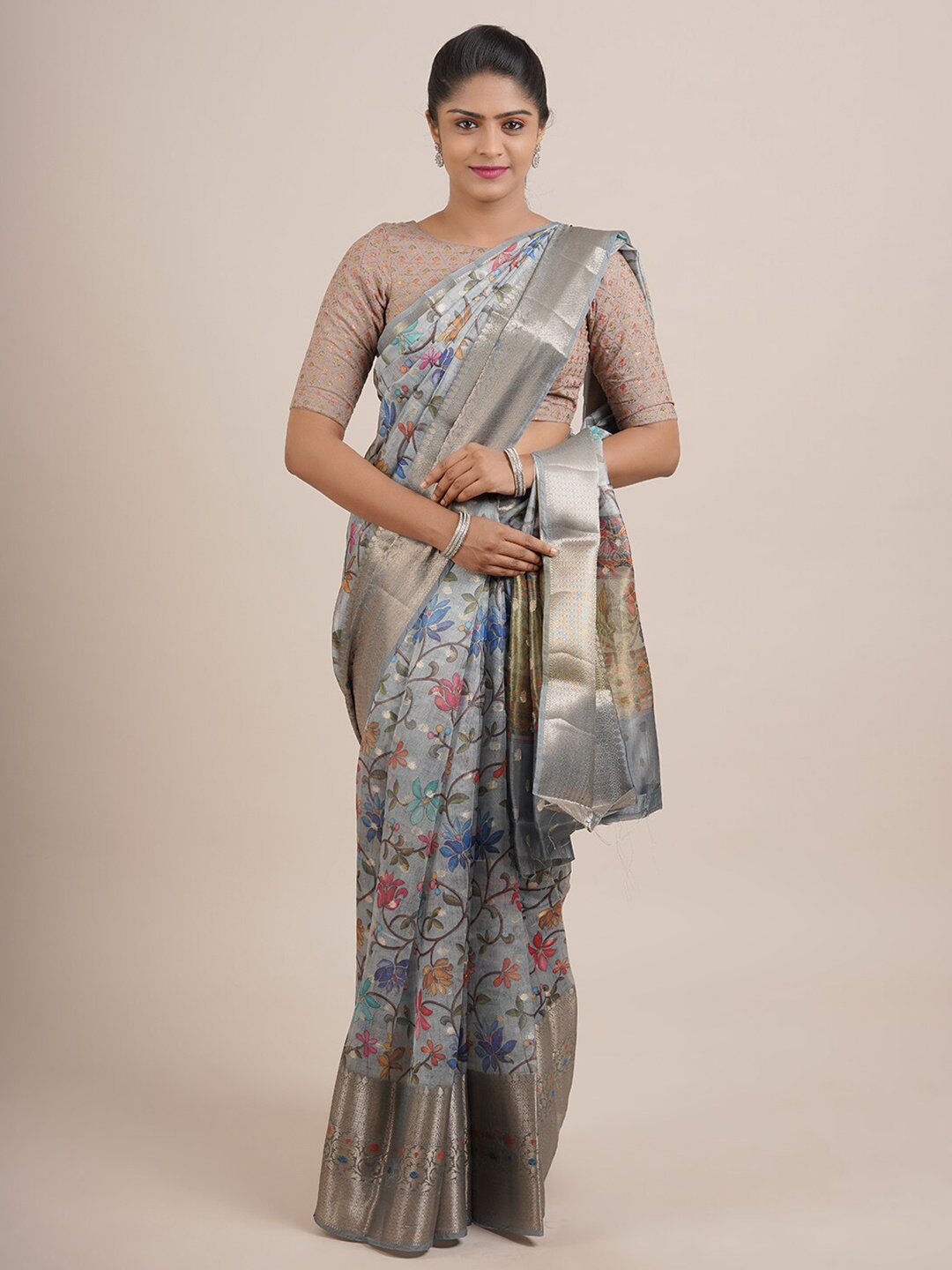 

Pothys Grey & Red Floral Zari Organza Saree