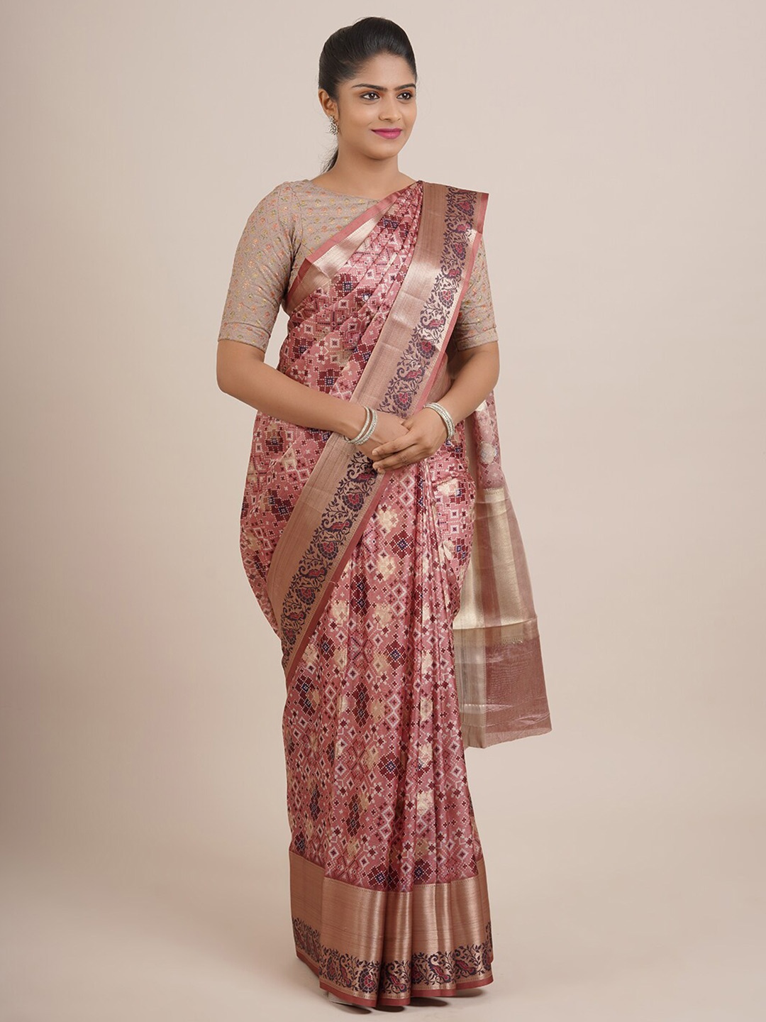 

Pothys Maroon & Magenta Printed Zari Organza Saree