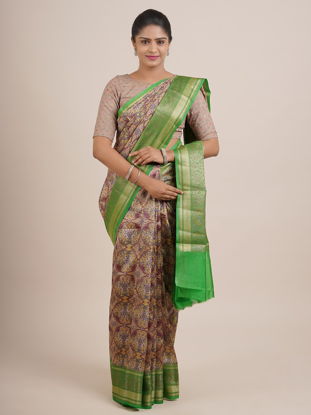 

Pothys Yellow & Green Floral Organza Saree