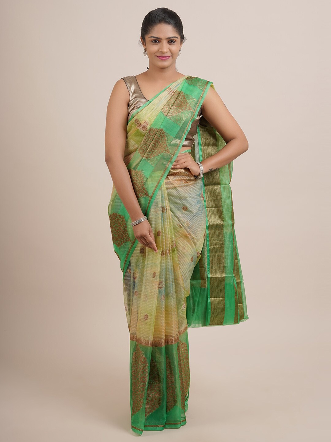 

Pothys Green & Gold-Toned Floral Zari Organza Saree