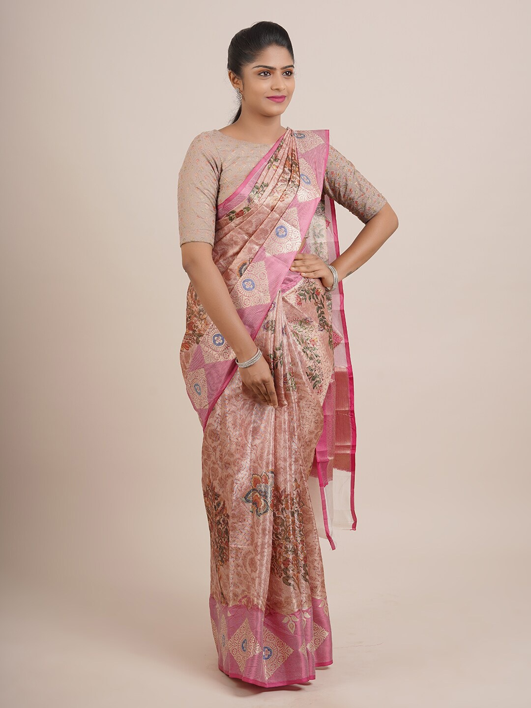 

Pothys Peach-Coloured & Green Floral Organza Saree